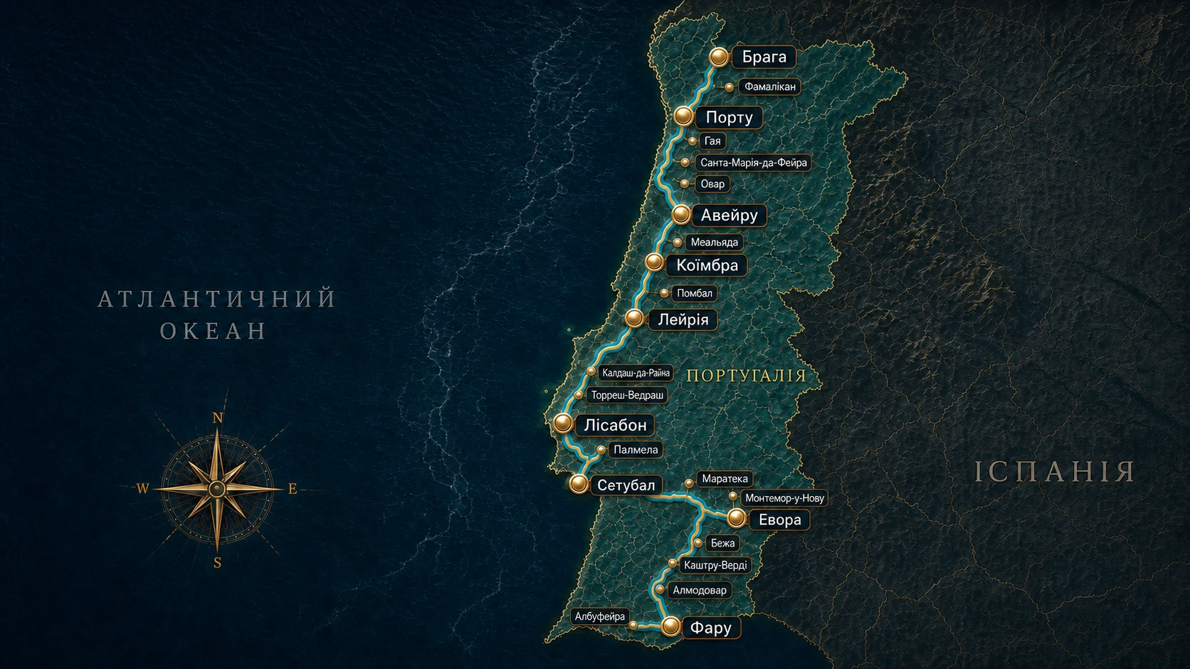 Map of the route across Portugal from Braga through Porto, Aveiro, Coimbra, Leiria, Lisbon, Setubal and Evora to Faro